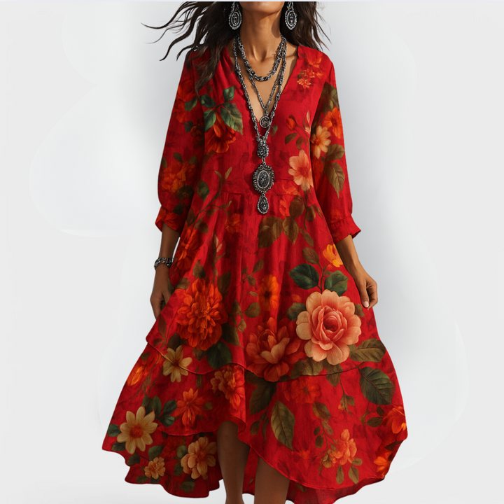 Elegant women's floral boho maxi dress featuring a flowy design & V-neck, ideal for casual or vacation style.