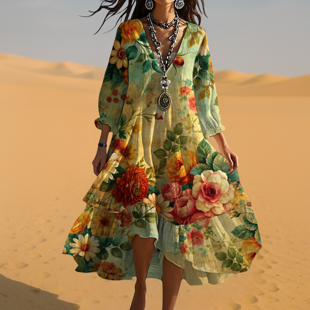 Bohemian fashion: Women's flowy floral maxi dress with V-neck & long sleeves, great for summer comfort.