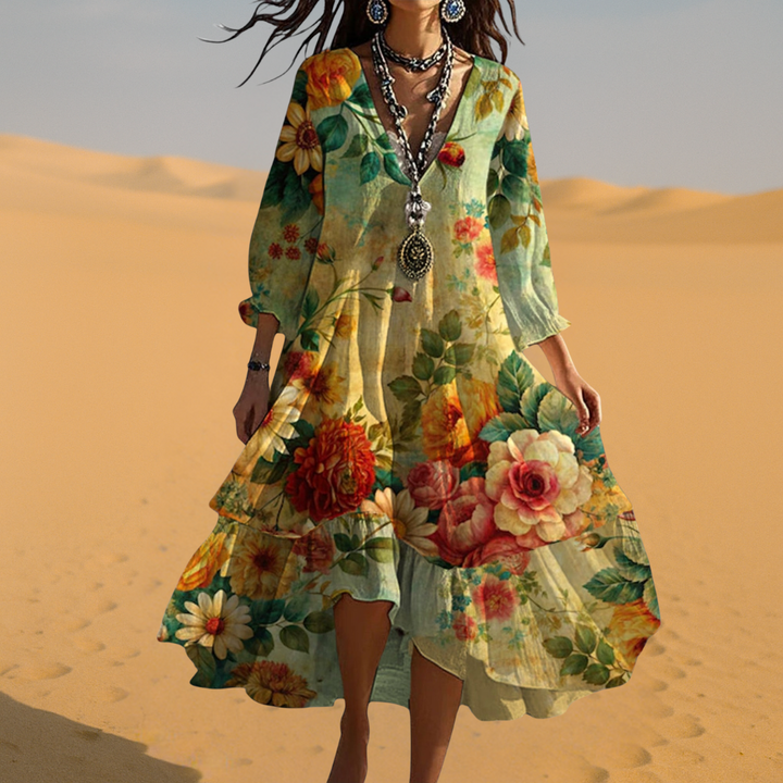 Bohemian fashion: Women's flowy floral maxi dress with V-neck & long sleeves, great for summer comfort.