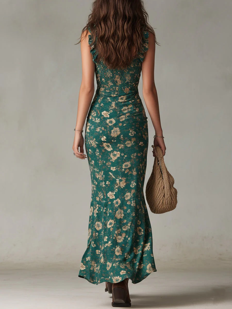 Summer floral maxi dress with bohemian vibes, ruffle straps, and a high slit for a chic party look.