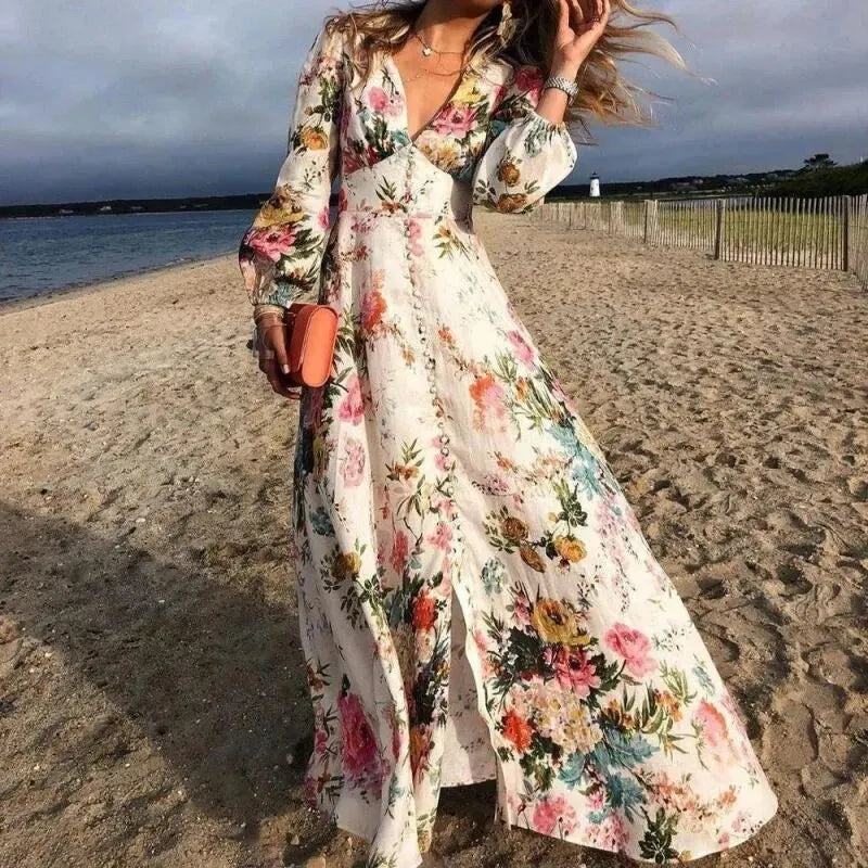 Women's floral boho puff sleeve maxi dress with button front, ideal for summer vacation or beach.