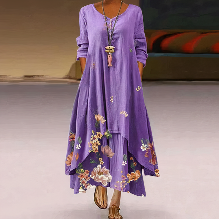 Comfortable oversized long sleeve maxi dress for women, featuring an elegant floral border print.