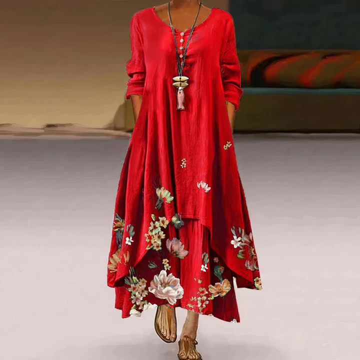 Versatile women's long sleeve floral maxi dress with a border print, ideal for spring & summer casual wear.