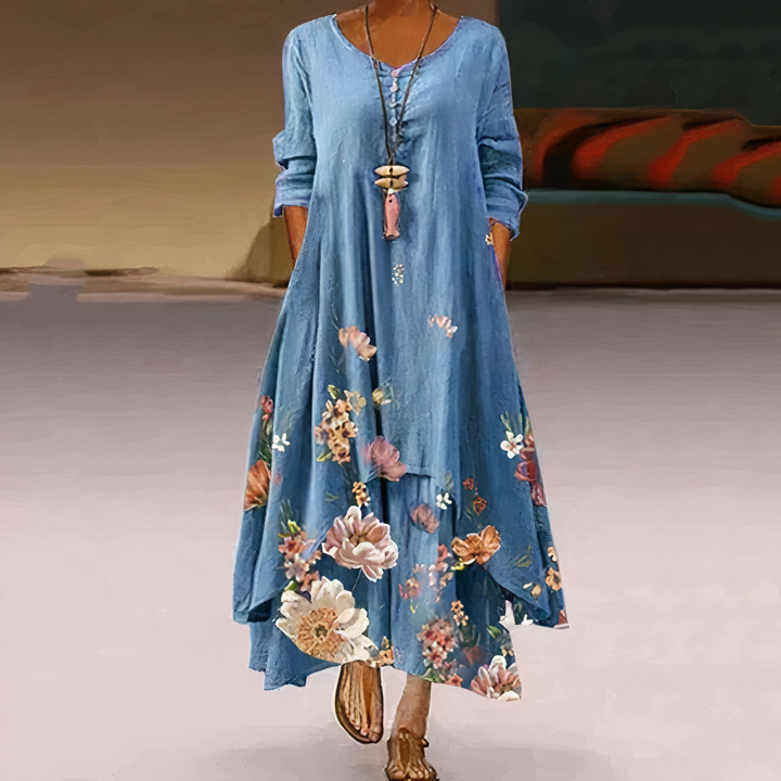 Elegant women's floral border print long sleeve maxi dress, offering everyday comfort & style.