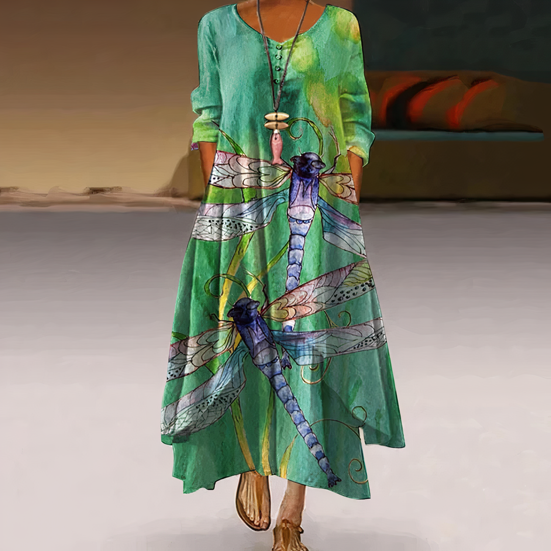 Casual women's long sleeve floral border print maxi dress, ideal for everyday comfort in spring/summer.