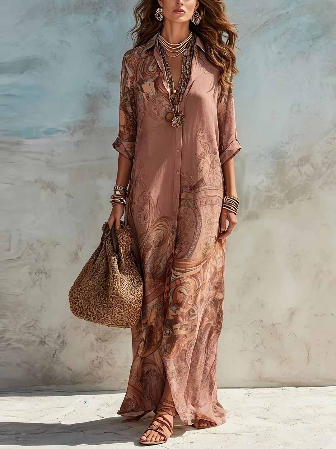 Elegant floral print maxi dress with button-front. Women's vacation & resort wear.