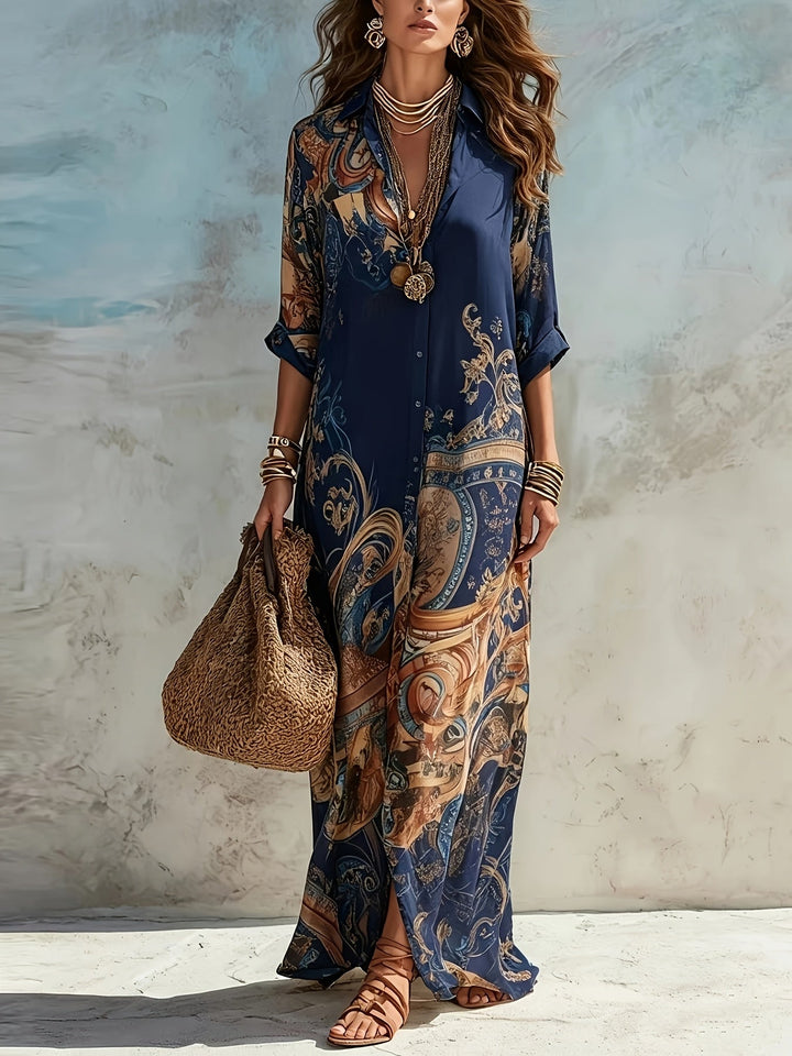 Long floral button-front summer dress. Chic women's fashion for vacation.