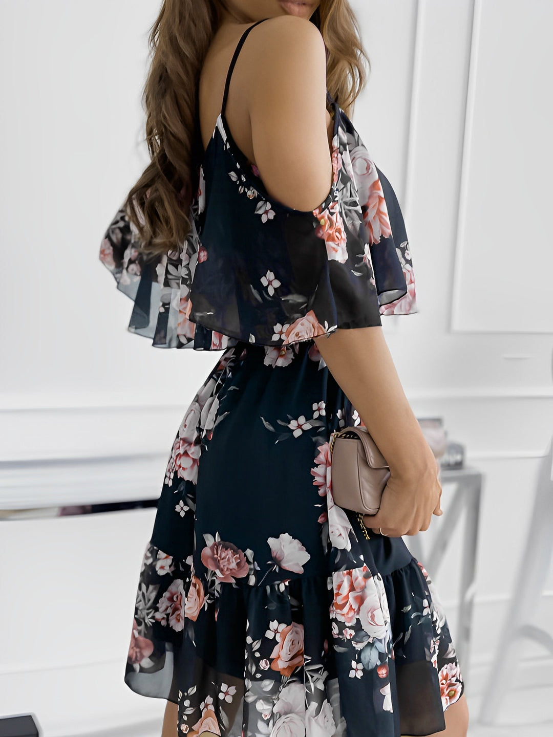 Beautiful women's floral mini dress, cold shoulder & flowy ruffles. Spring fashion essential, short & chic.