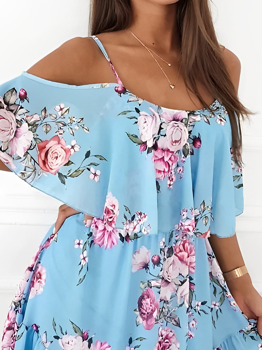 Casual women's floral cold shoulder short dress with flowy ruffle details. A must-have for spring/summer.