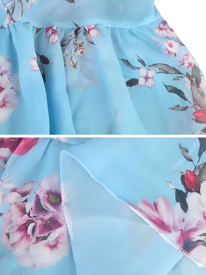 Lightweight women's floral mini dress, cold shoulder & flowy ruffles. Ideal for vacation & warm weather.