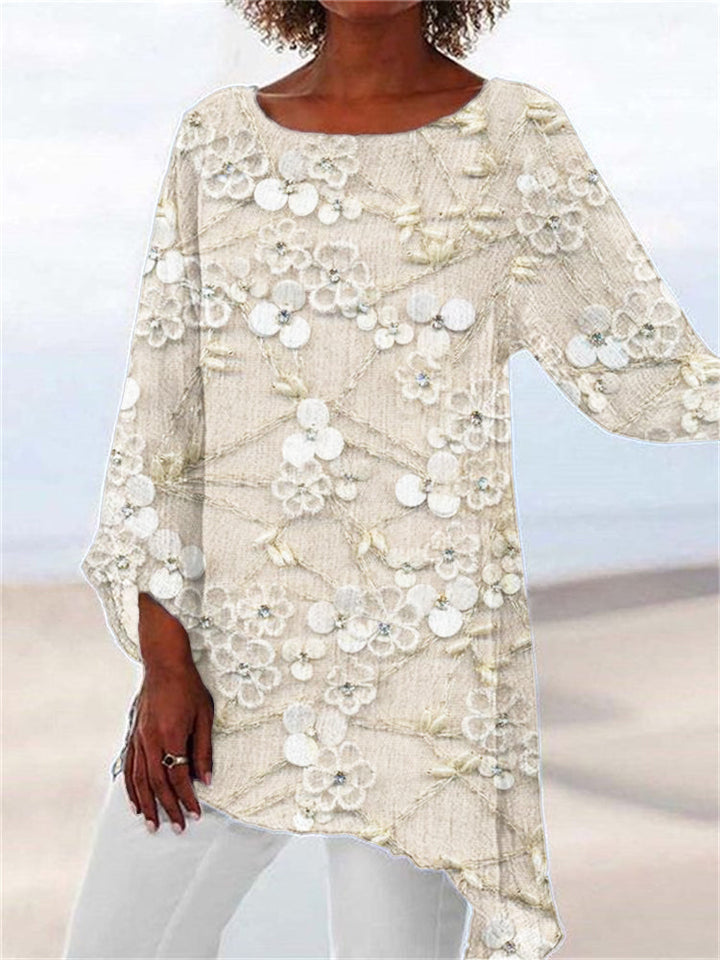 Women's floral embroidered asymmetrical tunic top. Relaxed fit, long sleeve, elegant casual wear for spring/autumn fashion.