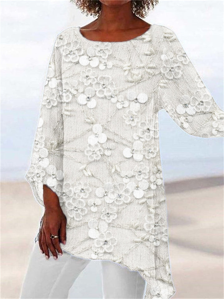 Versatile women's tunic, a round neck, long sleeve, and floral embroidery. Perfect for casual or elegant spring/autumn looks.