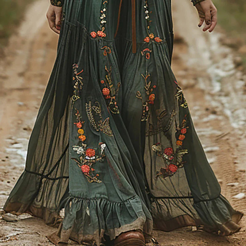 Casual women's floral embroidered maxi dress, ideal for summer parties, festivals, or everyday boho elegance.