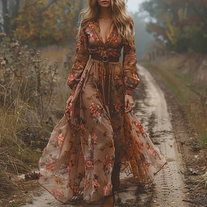 Elegant long floral embroidered maxi dress for women, a flowy boho summer style perfect for any casual event.