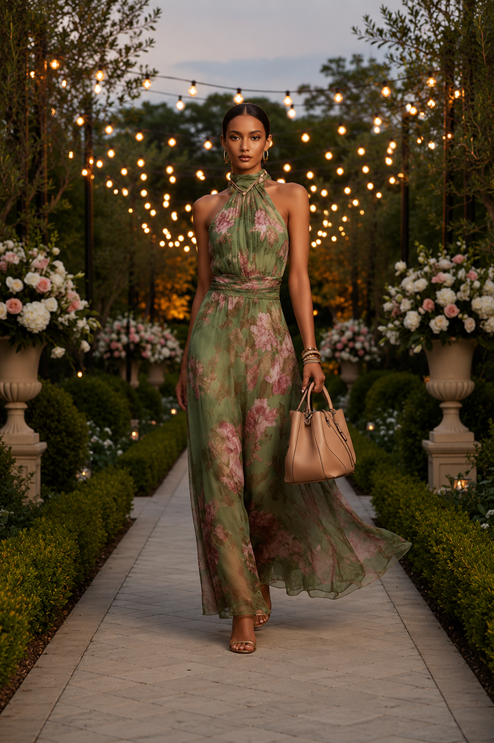 Women's floral halter maxi dress, perfect for summer parties. Elegant sleeveless design with a flowing silhouette.