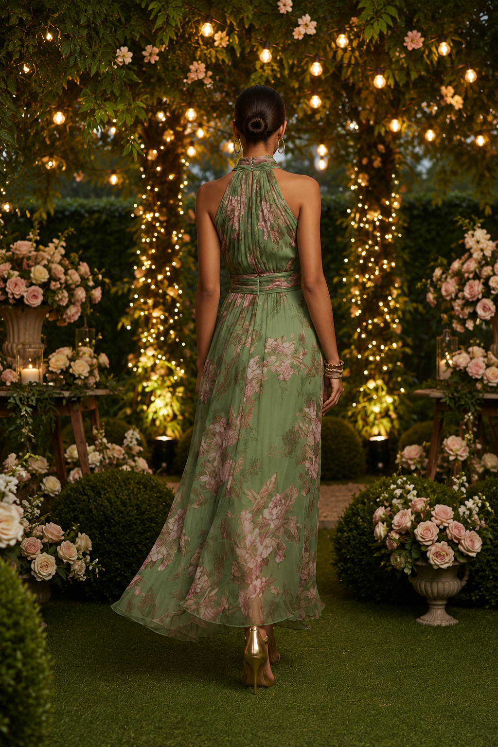 Elegant women's floral halter maxi dress. Ideal summer party or casual occasion wear with a comfortable fit.