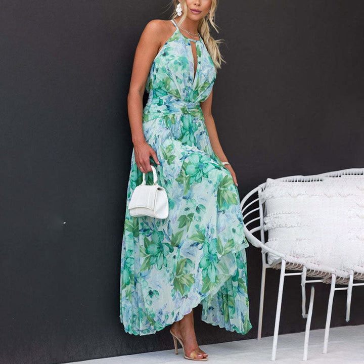 Elegant floral halter neck maxi dress for women, ideal as a wedding guest or garden party outfit.