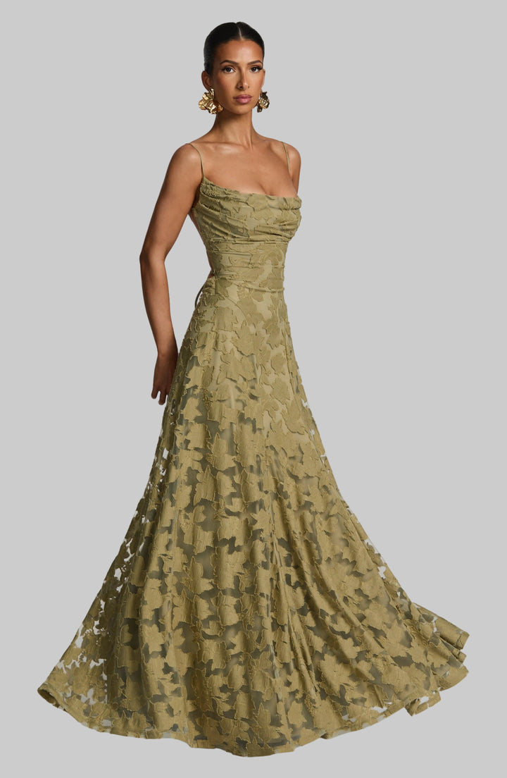 Women's floral maxi dress with elegant draped neckline & lace-up back. Perfect for summer parties.