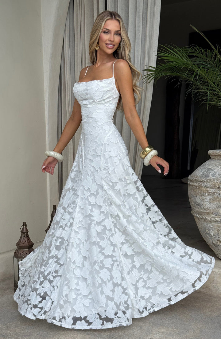 Vacation floral maxi dress for women, A-line cut, featuring a lovely draped neckline.