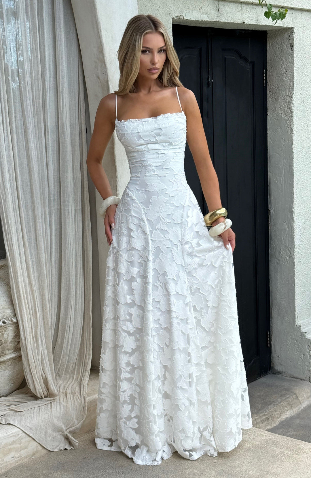 Party dress: women's sleeveless floral maxi, elegant A-line, with a sophisticated draped neckline.