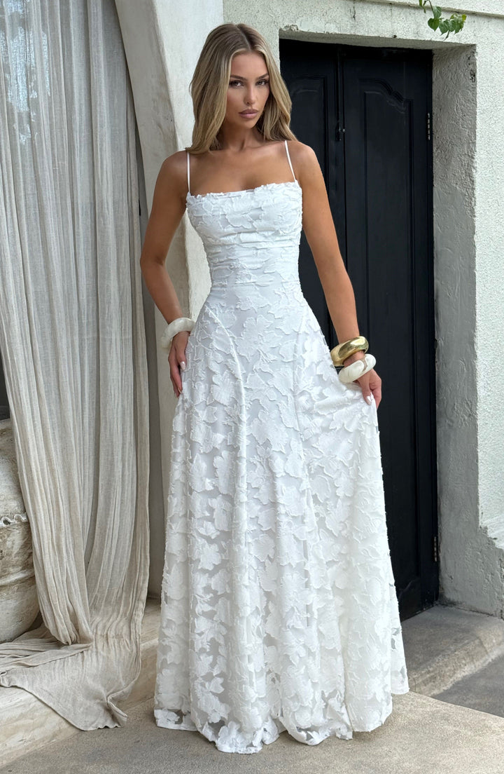 Party dress: women's sleeveless floral maxi, elegant A-line, with a sophisticated draped neckline.