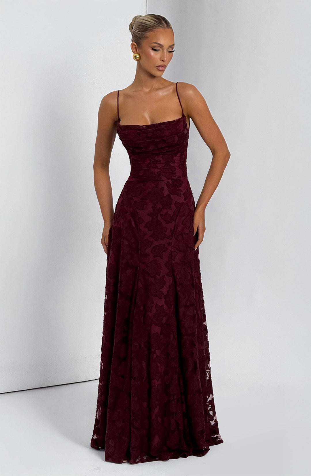 Draped neckline floral maxi dress, women's summer fashion, ideal for vacation.