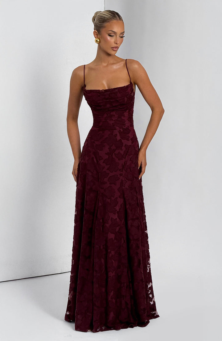 Draped neckline floral maxi dress, women's summer fashion, ideal for vacation.
