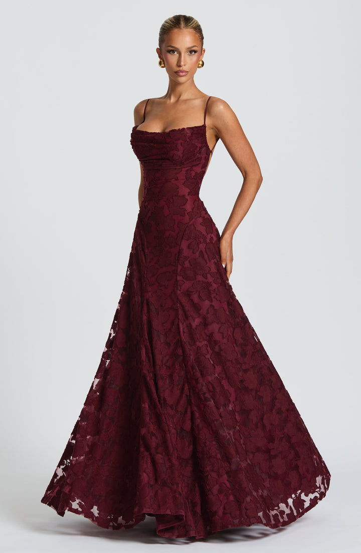 Elegant women's party floral maxi dress, A-line, with a stylish lace-up back detail.