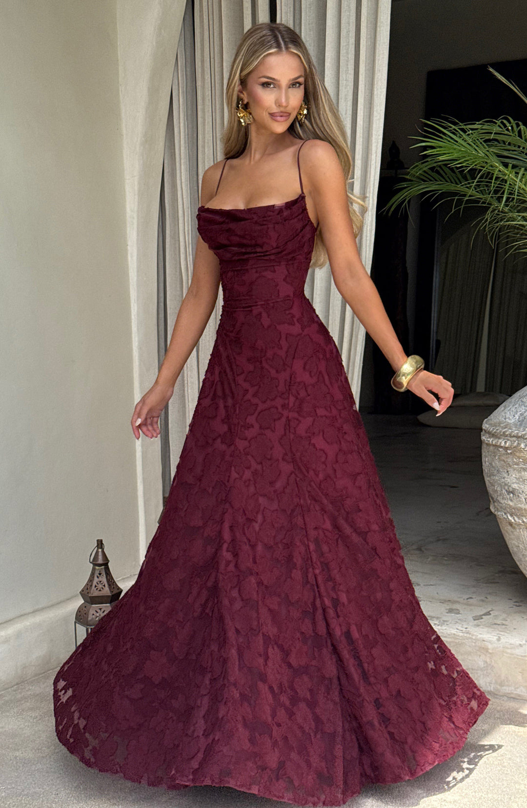 Vacation-ready women's floral maxi dress, draped neckline, perfect for casual summer wear.