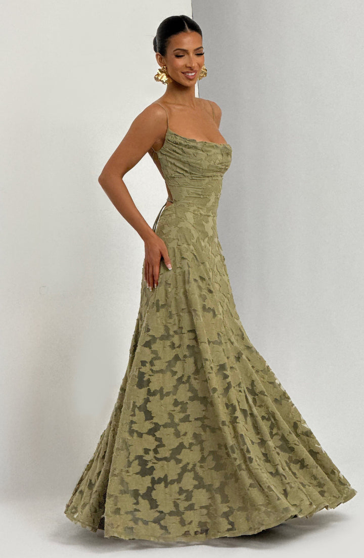 Summer floral maxi dress for women, ideal for vacation, with a draped neckline.