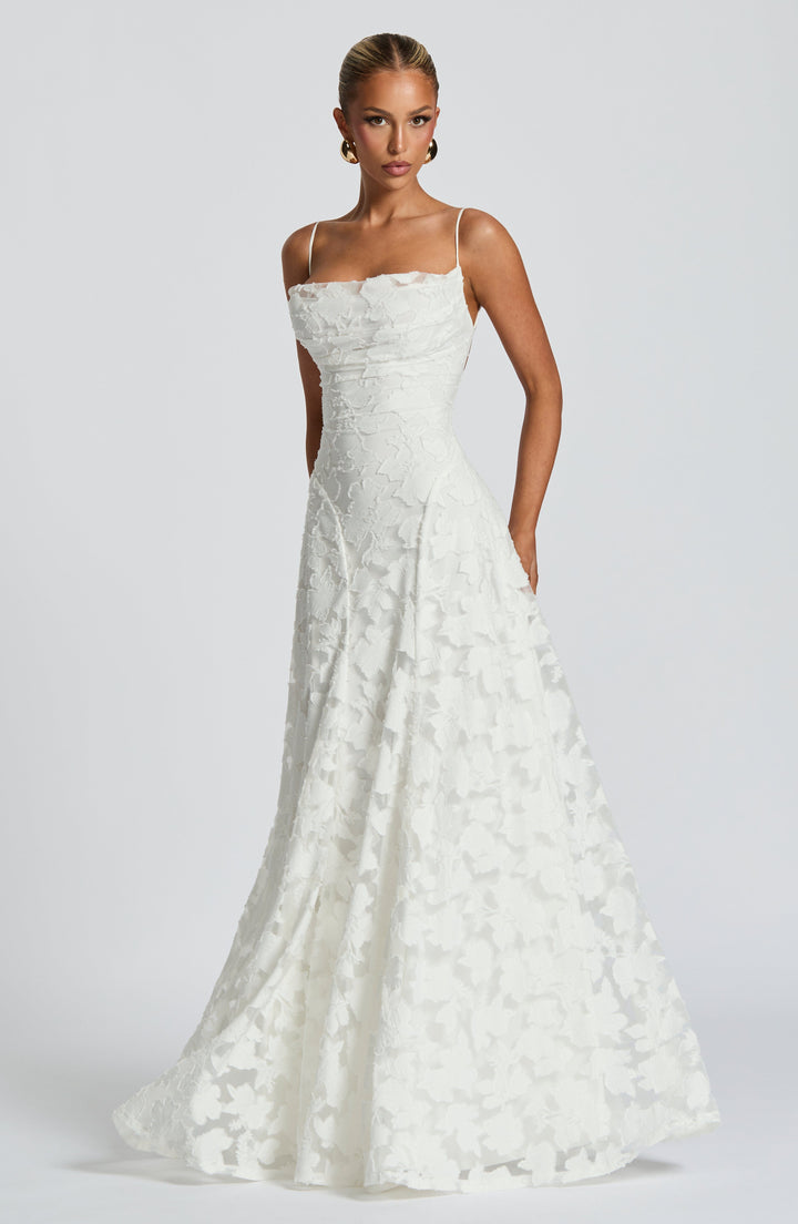 Evening wear floral maxi dress for women, with intricate lace-up back & draped design.