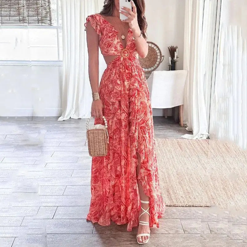 Women's floral maxi dress with elegant ruffle sleeves. Perfect for summer, parties, or vacation. Bohemian style.