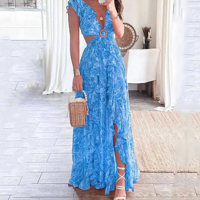 Elegant women's floral maxi dress with stylish ruffle sleeves. Ideal as a summer party or vacation outfit.