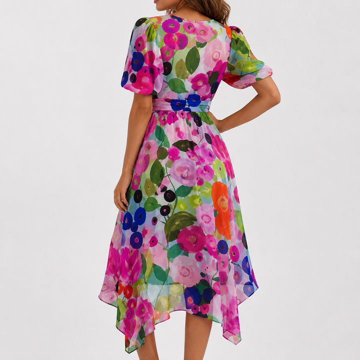 Elegant women's floral midi dress with a plunging V-neck & flutter sleeves, ideal for garden parties and special occasions.