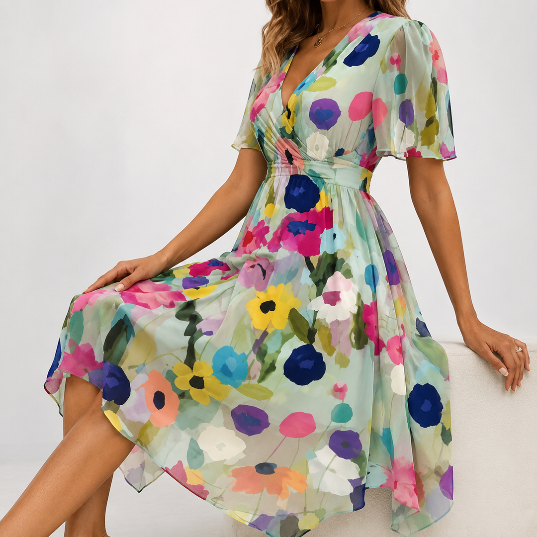 Stylish women's floral plunge V-neck midi dress with flutter sleeves. Perfect flowy garden party and summer dress.