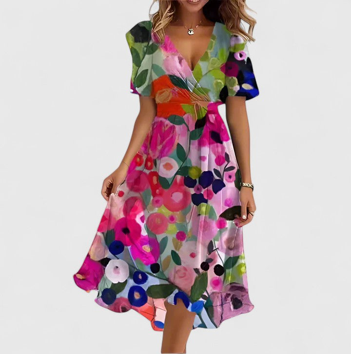 Comfortable & chic women's floral midi dress with a plunge V-neck, flutter sleeves & flowy skirt. Great for spring parties.
