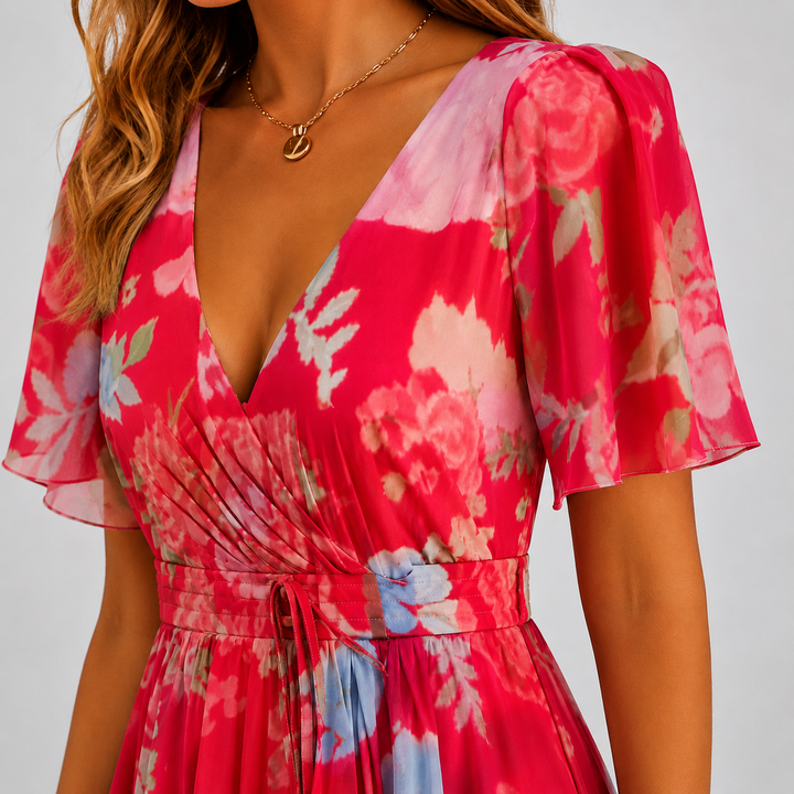 Elegant women's floral midi dress featuring a plunge V-neck, flutter sleeves & flowy asymmetrical hem. Ideal for parties.