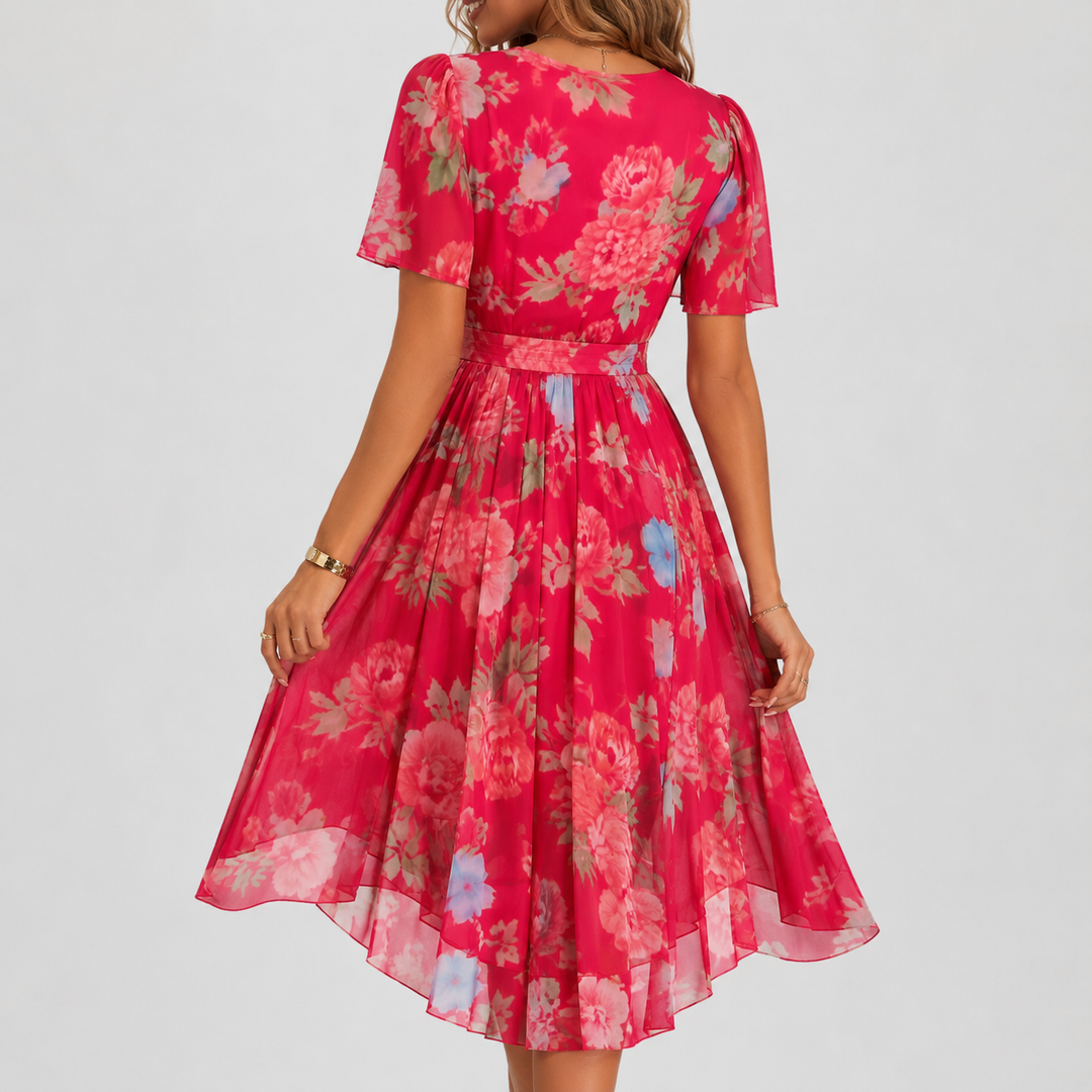 Beautiful women's floral midi dress with a flattering plunge V-neck and delicate flutter sleeves. Spring/summer style.