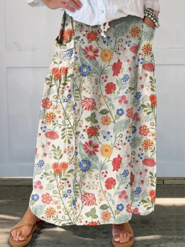 Women's floral print A-line midi skirt with elastic waistband & practical pockets, perfect for casual summer wear.