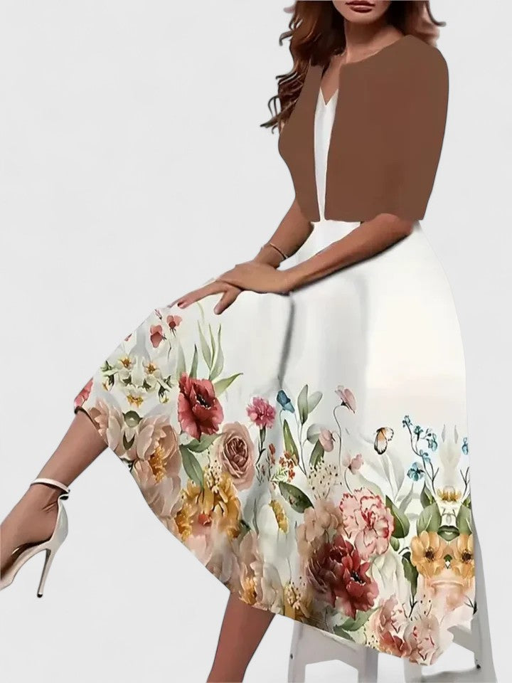 Women's floral print colorblock A-line midi dress with notch neck, perfect for spring/summer occasions.