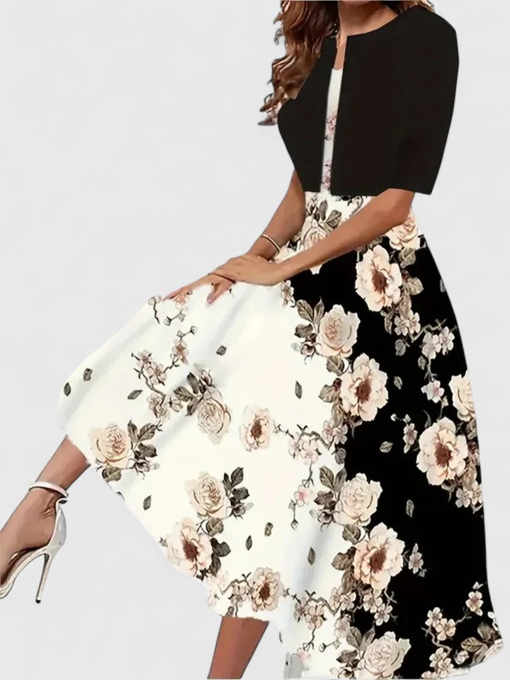 Versatile spring/summer midi dress for women, featuring a vibrant floral print, colorblock & elegant notch neck.