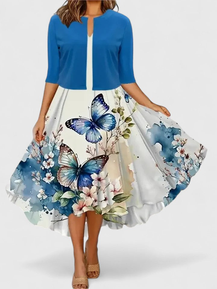 Vibrant floral print colorblock A-line midi dress for women, perfect elegant outfit for summer parties.