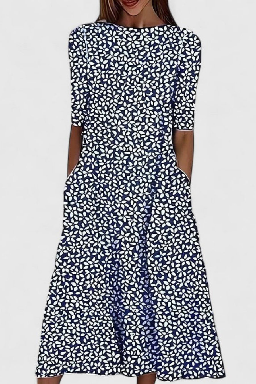 Comfortable women's floral midi dress with pockets & a relaxed fit, perfect for everyday wear or a stylish vacation outfit.