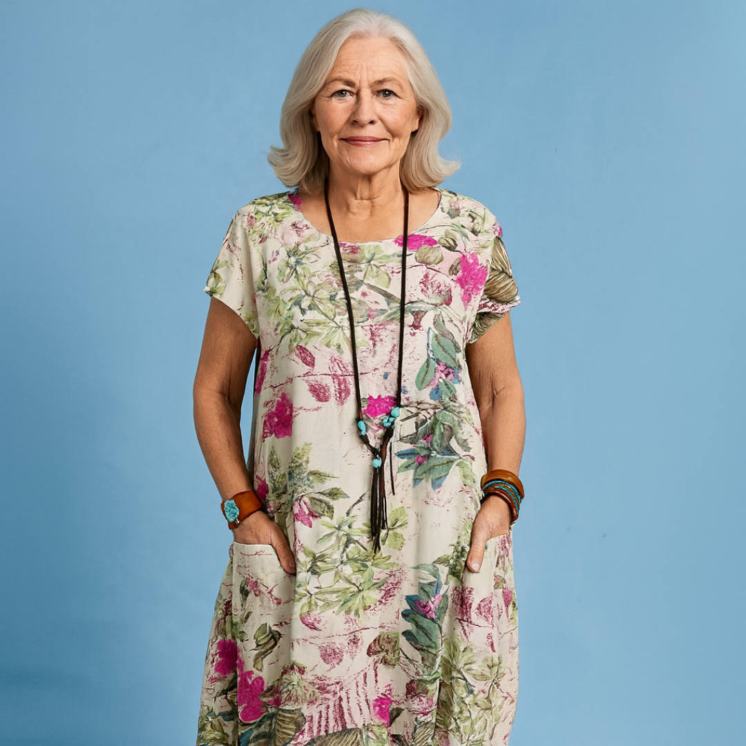 Stylish women's floral midi dress with short sleeves & pockets, ideal for spring, summer, and casual everyday wear.