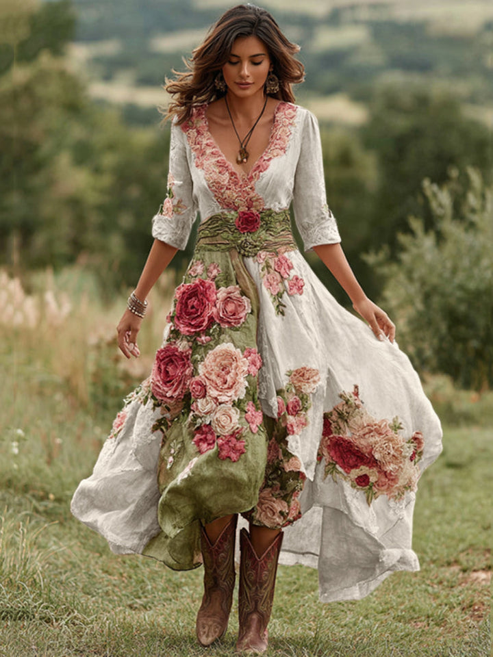 Women's floral print midi dress with V-neck, elegant asymmetric hem. Perfect for summer and spring occasions.