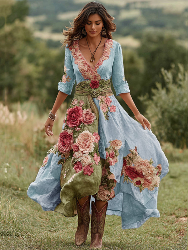 Bohemian floral midi dress for women, featuring a V-neck and stylish asymmetric hem. Ideal for parties.