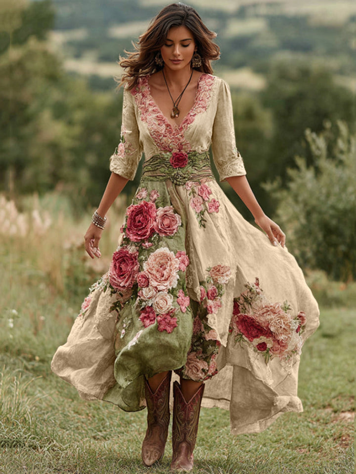 Vintage-style women's rose print midi dress with a flattering V-neck and unique asymmetric high-low hem.