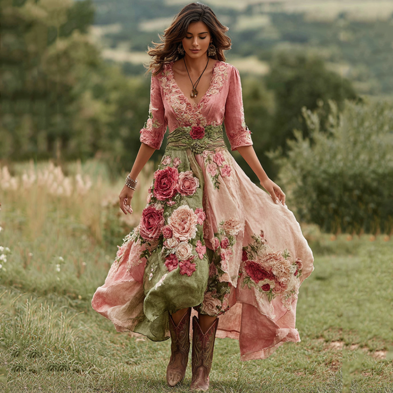 Casual women's summer floral midi dress, lightweight, with V-neck and chic asymmetric hem. Great for daily wear.