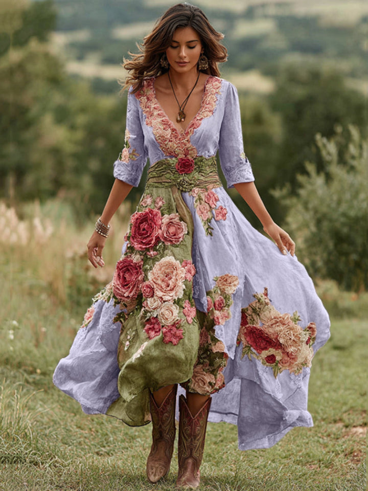 Elegant women's floral print V-neck midi dress, sophisticated asymmetric hem. Perfect for spring/summer events.