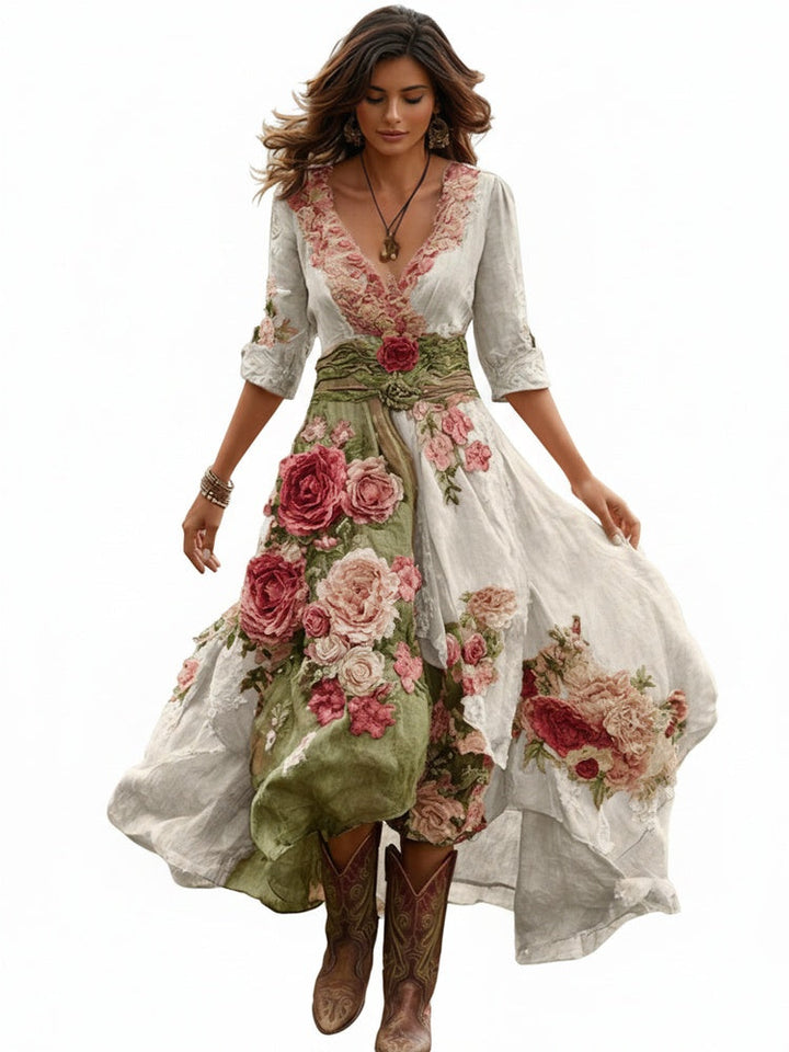 Chic women's floral print midi dress, V-neckline, playful asymmetric hem. Versatile for casual or party styling.